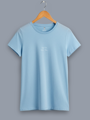 women's 'big fish little fish' classic fit light blue t shirt on a hanger