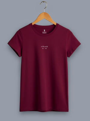 women's 'millennial' classic fit burgundy t shirt on a hanger