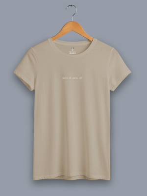 women's 'same old same old' classic fit beige t shirt on a hanger