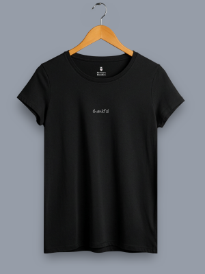 women's 'thankful' classic fit black t shirt on a hanger