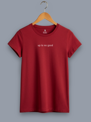 women's 'up to no good' classic fit red t shirt on a hanger
