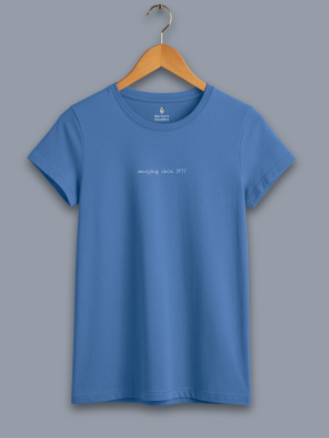 annoying since 1977 men's t-shirt image shows a mid blue coloured t-shirt with white text