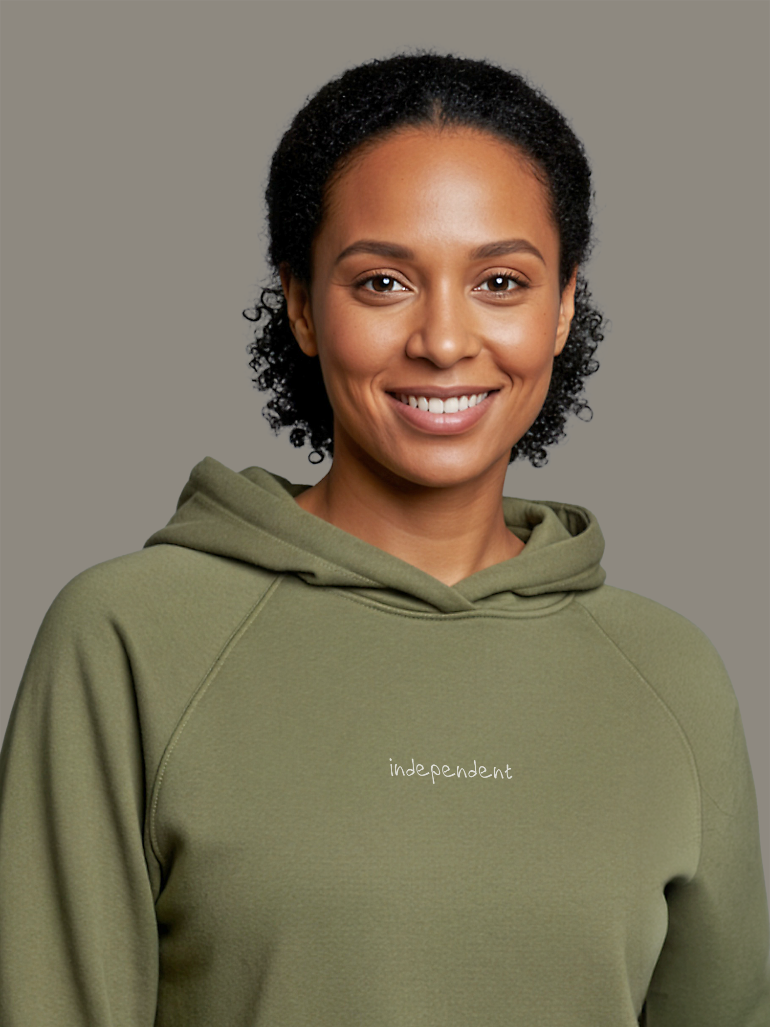 woman wearing an olive coloured hoodie