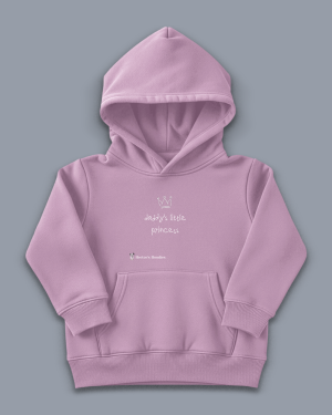 'daddy's little princess' image shows a pink coloured kids' hoodie with white writing on the front