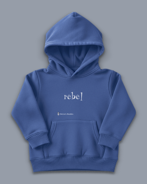 'rebel' image shows a mid blue coloured kids' hoodie with white writing on the front