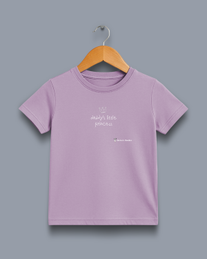 'daddy's little princess' image shows a pink coloured kids' t-shirt with white writing on the front