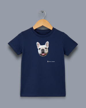 'the frenchie' image shows a navy blue coloured kids' t-shirt with a colour image on the front