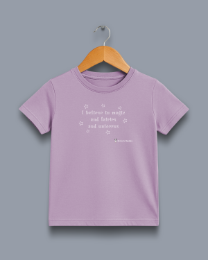 'I believe in magic' image shows a pink coloured kids' t-shirt with white writing on the front