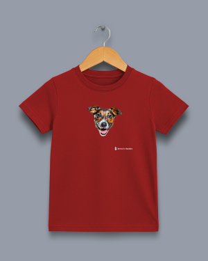 'the jack russell' image shows a red coloured kids' t-shirt with a colour image on the front