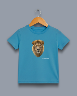 'lion' image shows an aqua coloured kids' t-shirt with a colour image on the front