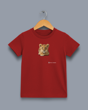 'lion cub' image shows a red coloured kids' t-shirt with a colour image on the front