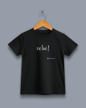 'rebel' image shows a black coloured kids' t-shirt with white writing on the front