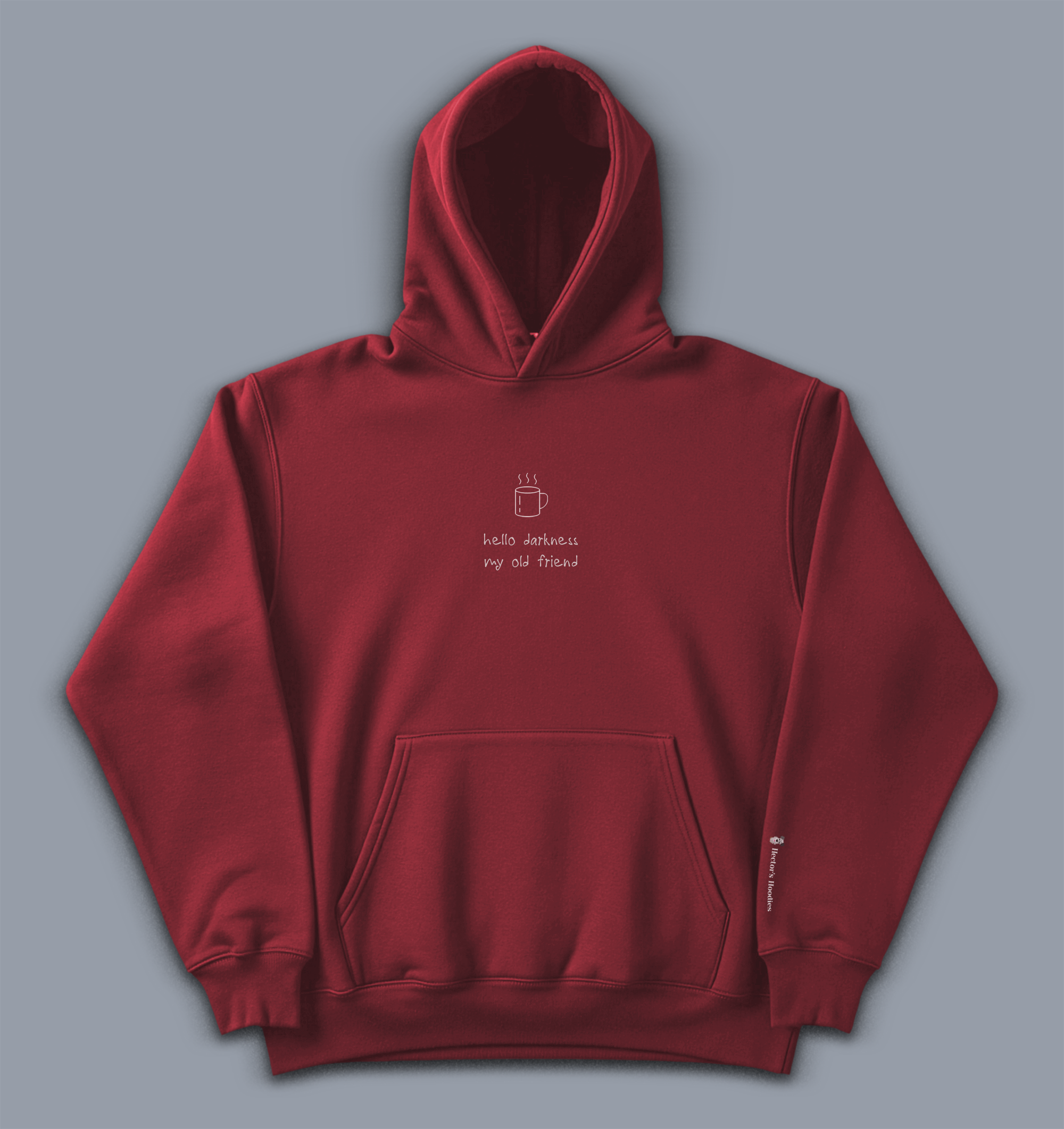 'hello darkness my old friend' image shows a men's hoodie in red with white writing