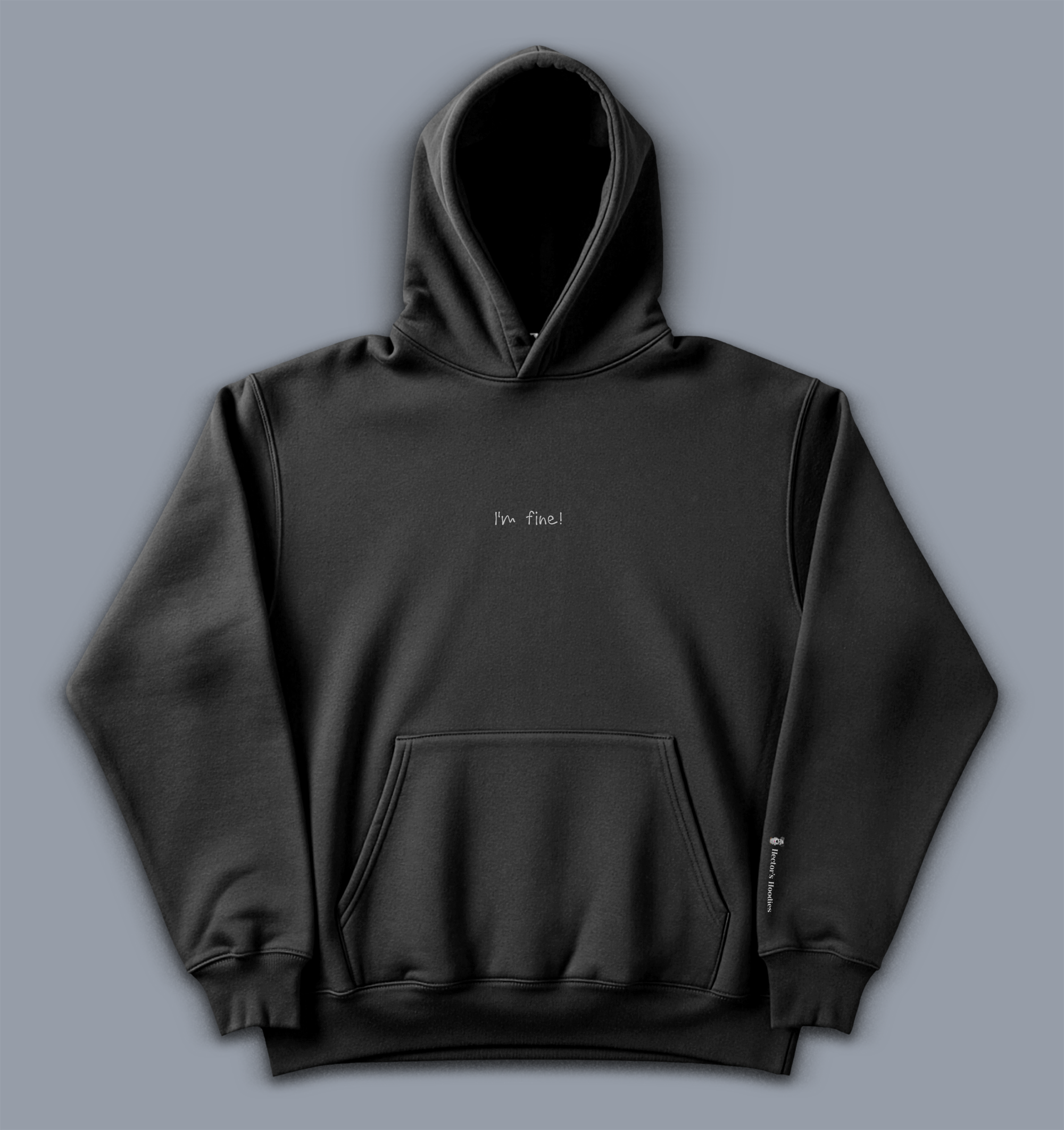 'I'm fine' image shows a men's hoodie in black with white writing
