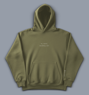 'no, never, absolutely not' image shows a men's hoodie in khaki with white writing