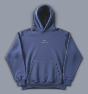 'chaos coordinator' image shows a blue coloured hoodie with white text on the front